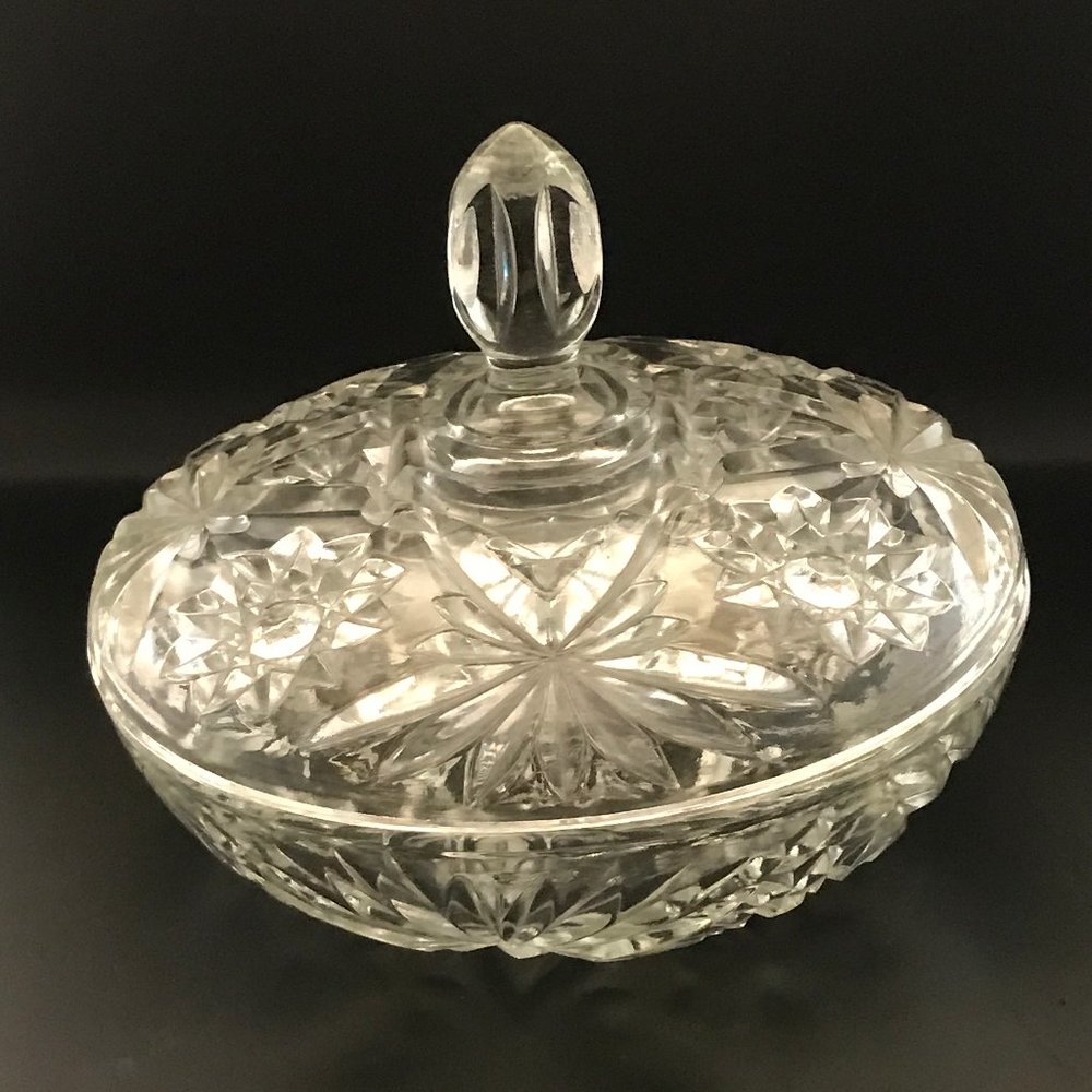 VTG Anchor Hocking Prescut Star of David Pattern Clear Glass Snack Bowl with Lid